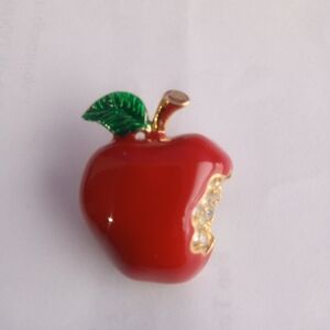 Red Apple Enamel With Rhinestone Bite Pin Brooch Teacher Gift